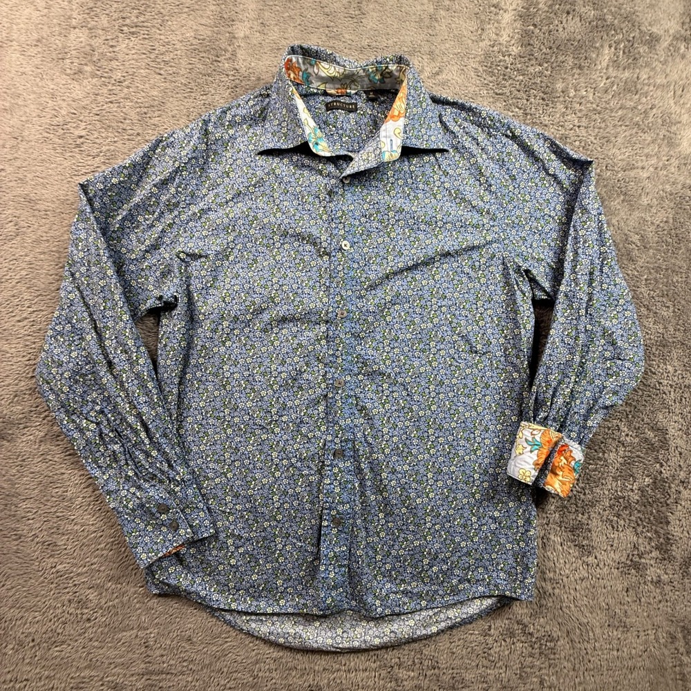 Structure Button Up Mens M Blue Excellent Floral Roll Cuff Cotton Shirt